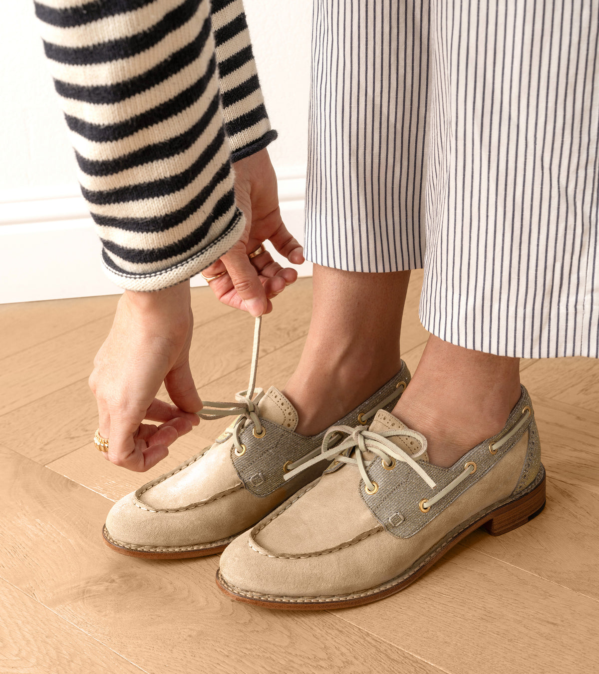 Ms. Ginger Boat Shoe — close-up of the toe cap on the multicolor suede oxford