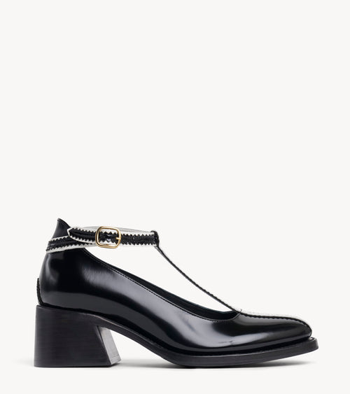 Miss Beverly Black & White Leather Womens T-Strap Midheel – The Office of Us