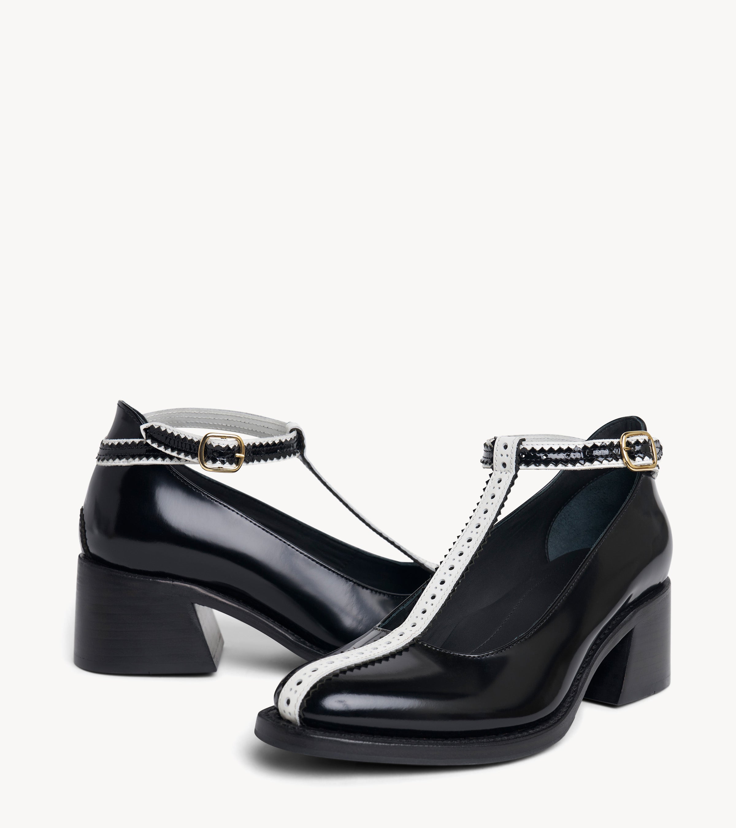 Miss Beverly Black & White Leather Womens T-Strap Midheel The Office of Us Miss Beverly Black & White Leather Womens T-Strap Midheel The Office of Us