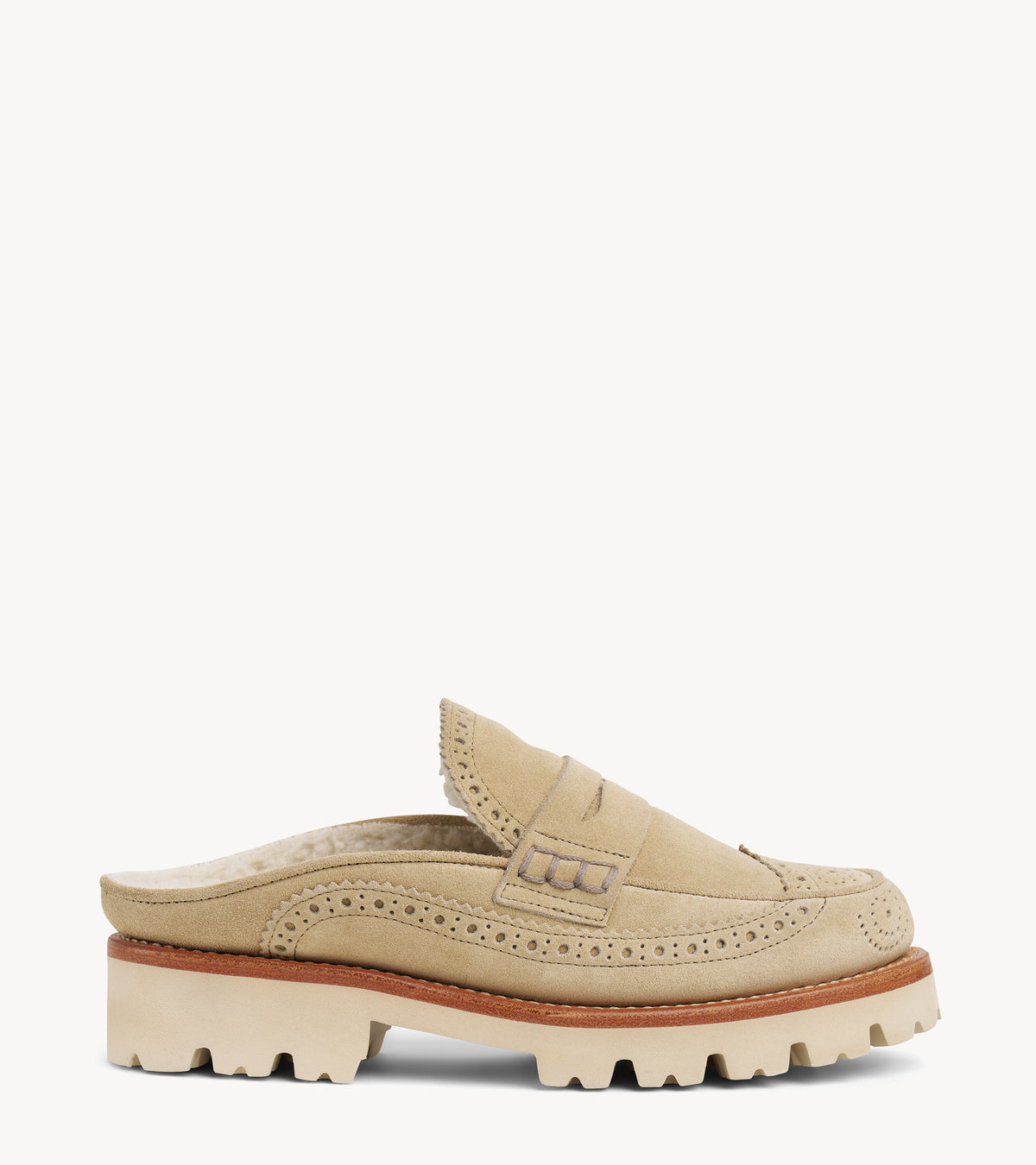 Miss Emma Mule — tan suede oxford, side profile