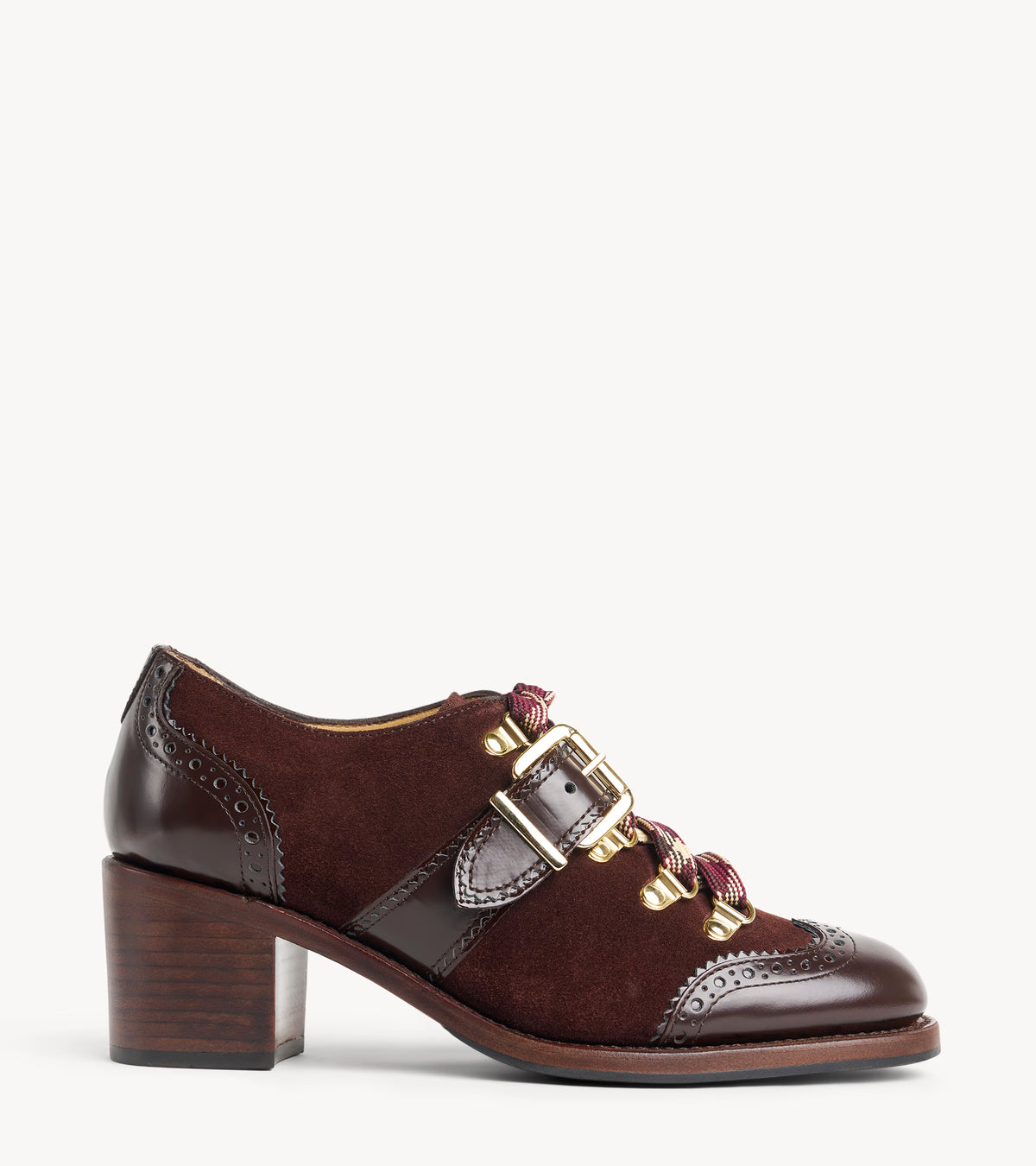 Mrs. Logan Midheel — brown suede heel, side profile