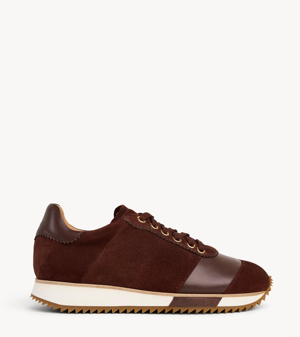The Quinn Sneaker — brown suede sneakers, side profile